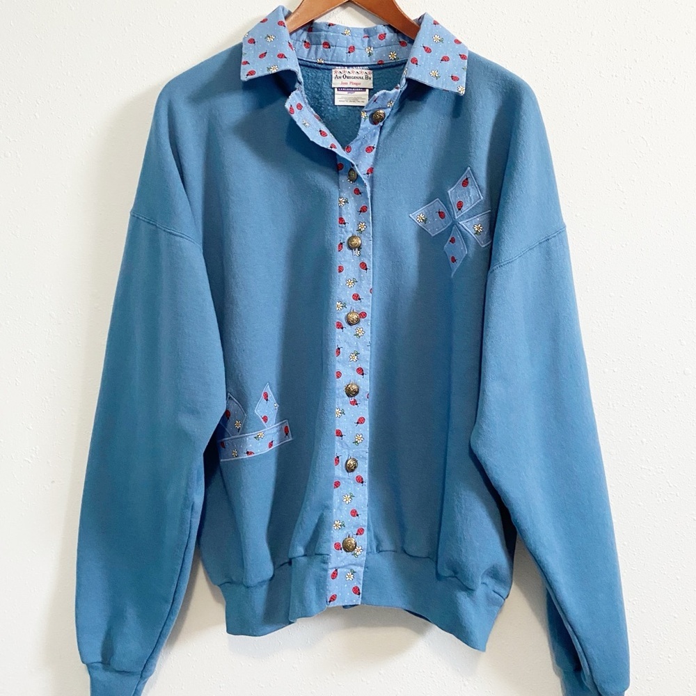 Handmade Vintage Ladybug & Flower Embroidery Buttoned Cardigan Sweatshirt